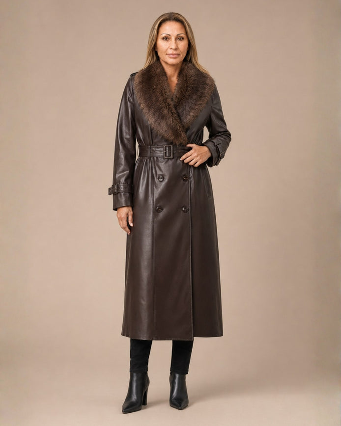 Artigli Abbigliamento Trench in ecopelle con collo effetto pelliccia 