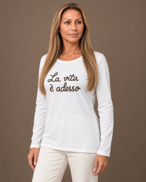 Marseta pronto Abbigliamento T-shirt con ricamo "La vita è adesso" 