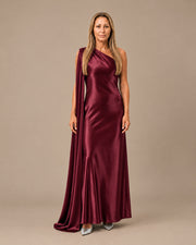 Abito monospalla in satin con stola Marseta pronto Bordeaux