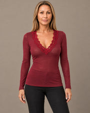 Maglia in cashmere con scollo in pizzo Marseta pronto Bordeaux
