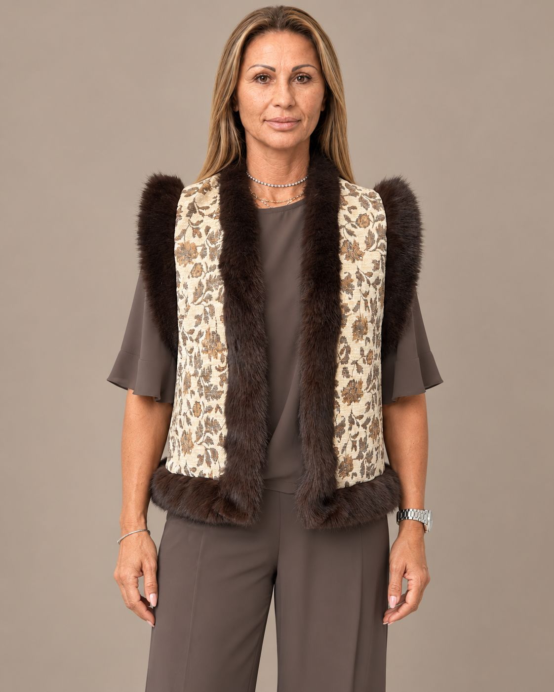 Marseta pronto Abbigliamento Gilet floreale con bordi effetto pelliccia 