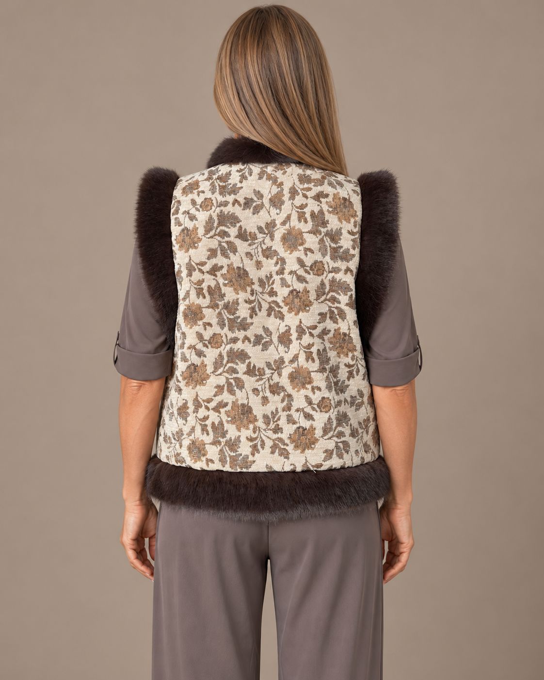 Marseta pronto Abbigliamento Gilet floreale con bordi effetto pelliccia 
