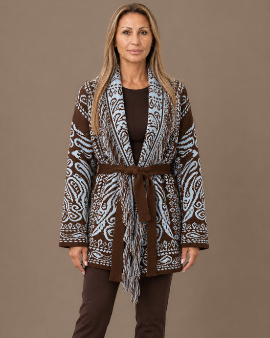 Marseta pronto Abbigliamento Cardigan fantasia paisley con cintura e frange 