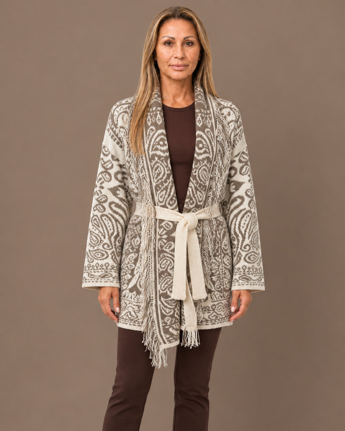 Marseta pronto Abbigliamento Cardigan fantasia paisley con cintura e frange 
