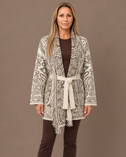 Cardigan fantasia paisley con cintura e frange Marseta pronto Beige
