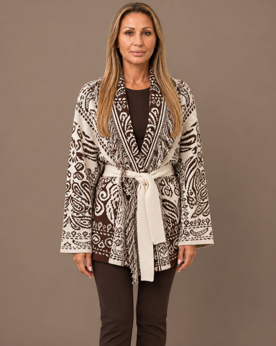 Marseta pronto Abbigliamento Cardigan fantasia paisley con cintura e frange 