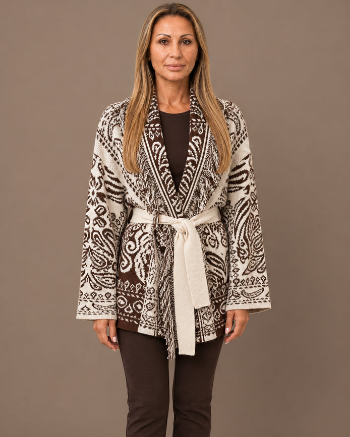 Marseta pronto Abbigliamento Cardigan fantasia paisley con cintura e frange 