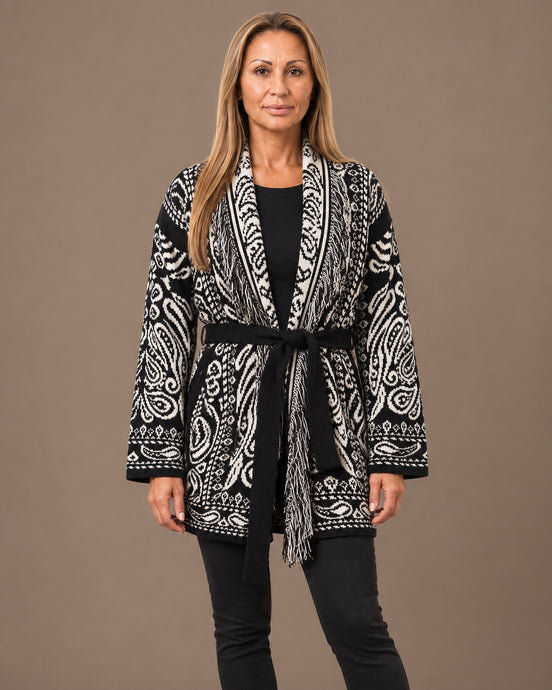 Marseta pronto Abbigliamento Cardigan fantasia paisley con cintura e frange 