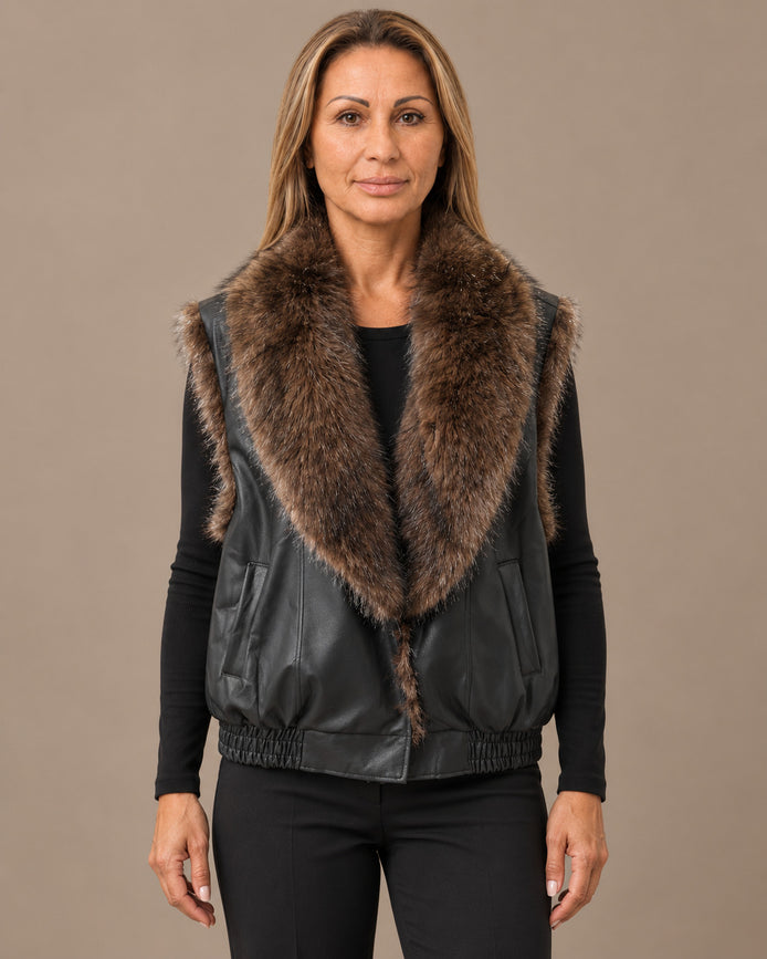 Marseta pronto Abbigliamento Gilet effetto pelle con maxi collo effetto pelliccia 