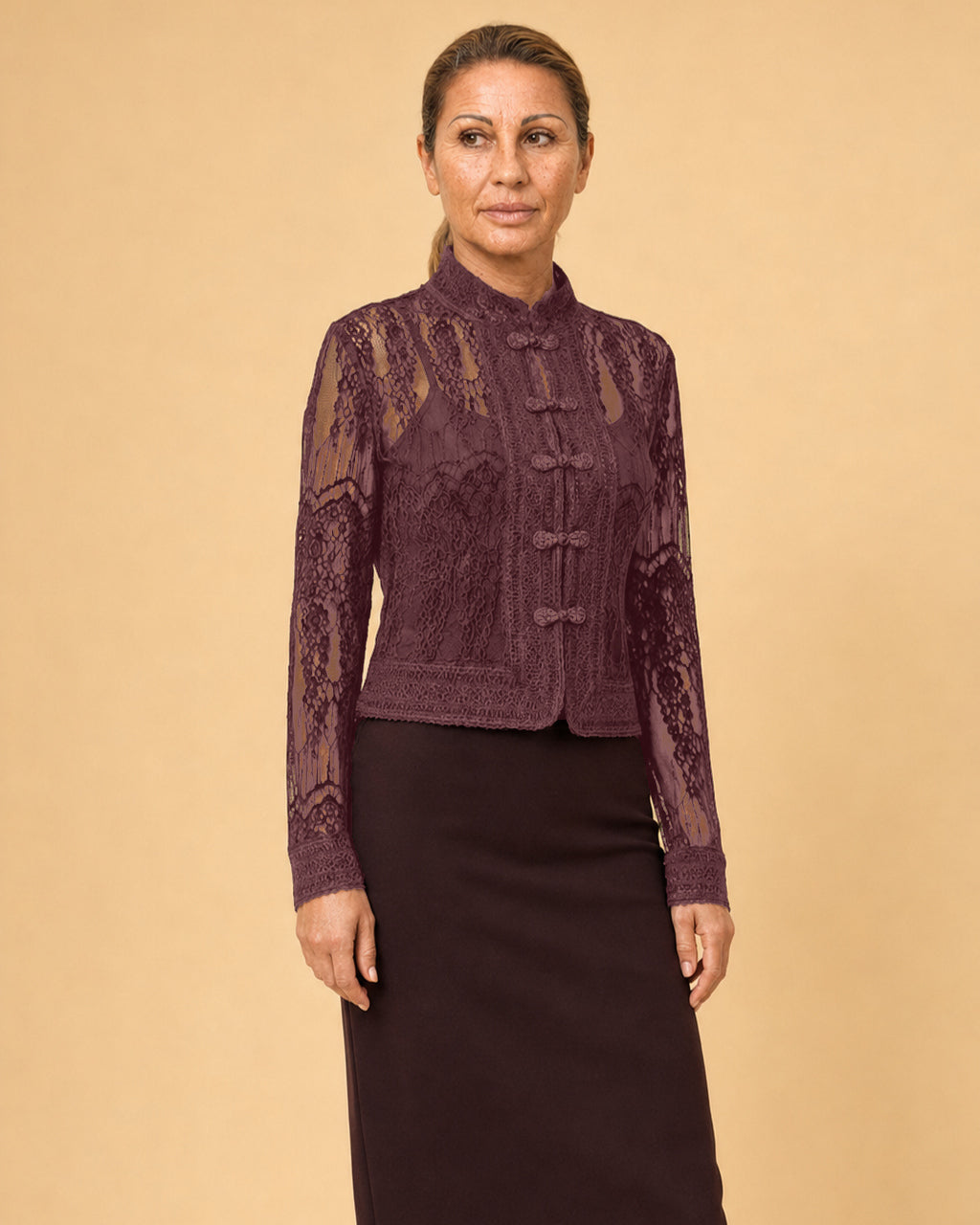 Maryley Abbigliamento Giacca in pizzo floccato con alamari 