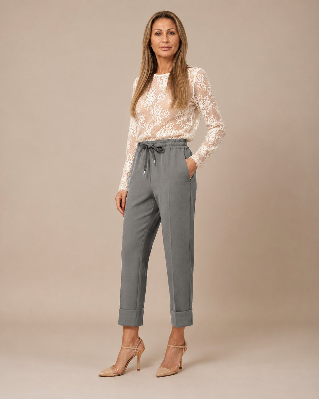 Maryley Abbigliamento Pantalone cropped con coulisse e risvolto 