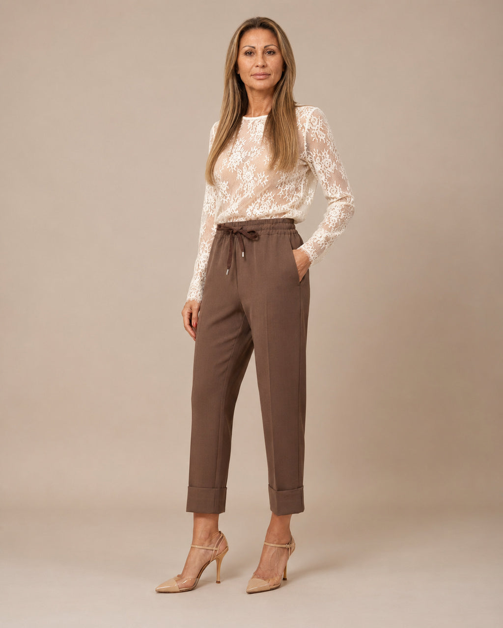 Maryley Abbigliamento Pantalone cropped con coulisse e risvolto 