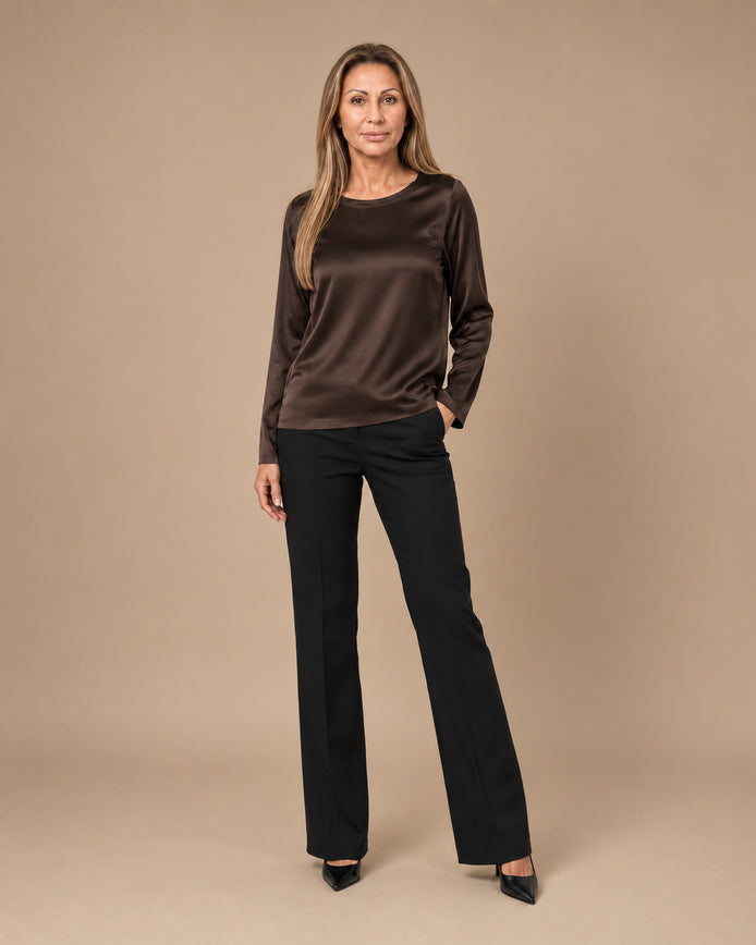 Maryley Abbigliamento Blusa girocollo a maniche lunghe in raso di viscosa 