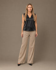 Top con scollo a V in raso di viscosa Maryley Nero