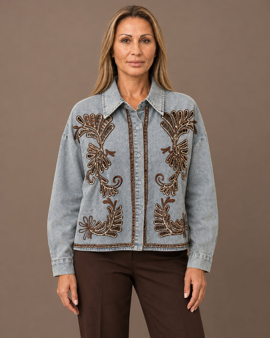 pronto Abbigliamento Camicia denim con ricami floreali e bordure 